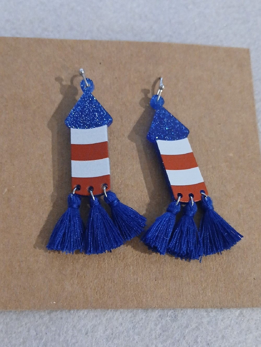 191- Blue Striped Tassel Firecracker Earrings - Nautical Lighthouse Design